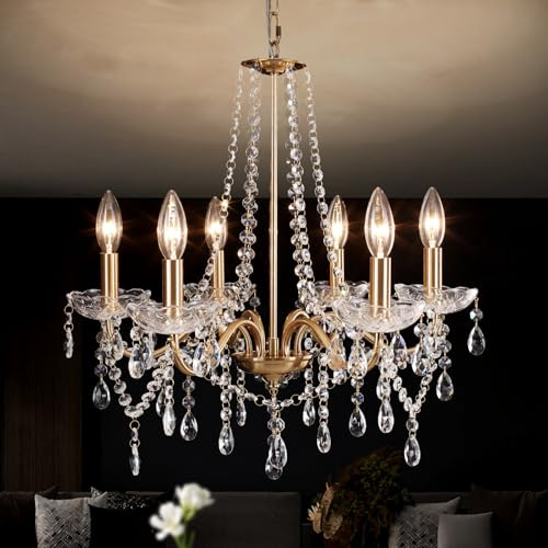 6 Flammig Moderner Gold Kristall Kronleuchter 50 cm 40W Höhenverstellbar | Kristall Goldene Hängelampe,E14 Metall Pendelleuchte Leuchte,Kronleuchter für Esszimmer,Wohnzimmer, Schlafzimmer, Küche