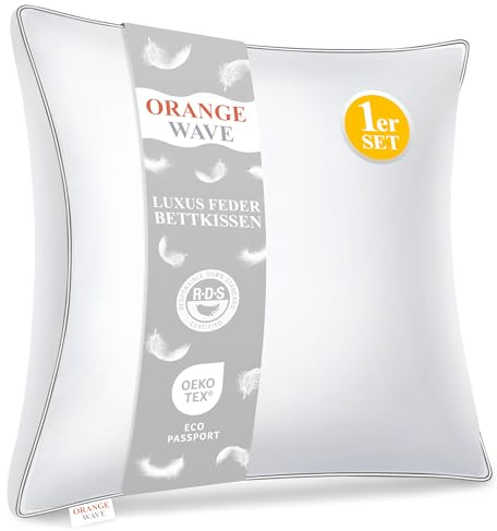 Orange Wave Oreiller Plume 50x50 - Coussin de Luxe 50x50 cm en Duvet et Plume, 1100g de Moelleux, Qualité Hôtelière et Confort Oreiller Ergonomique, Certifié RDS et Oeko-TEX
