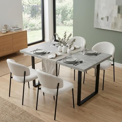 Set med utdragbart matbord, 6 stoppade stolar, expanderbart köksbord, grått, 130–170 cm, beige linne, stoppade säten, modern industriell stil, metallram (1 bord + 4 stolar
