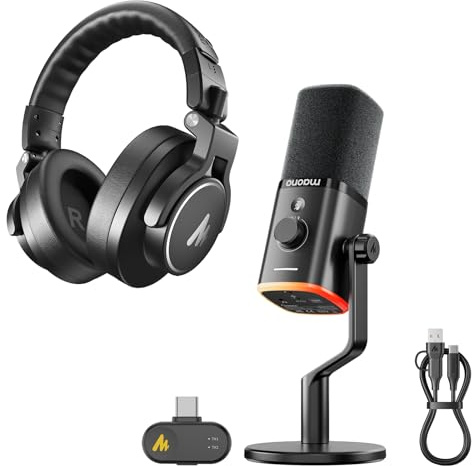 MAONO PD100W Kabelloses Gaming Mikrofon, 2.4GHz Wireless & USB Dynamisches PC Mikrofon mit MH700 Studio Kopfhörer