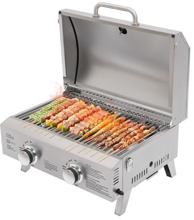Barbacoa de gas para mesa con dos quemadores, termómetro y bandeja recogedora extraíble, diseño compacto y portátil, ideal para camping y barbacoas en el balcón