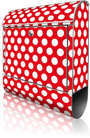 banjado Design Briefkasten personalisiert 38,5x46,5x13cm & 2 Schlüssel - Briefkasten Stahl Weiß Zeitungsfach pulverbeschichtet - Postkasten A4 Einwurf inkl. Montagematerial - Motiv Punkte Rot
