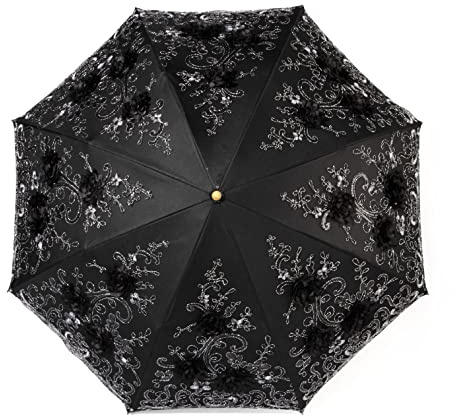 LCY Ladies Embroidered Lace Double-deck Anti-UV Parasol Umbrella Sun/Rain/Snow Folding Umbrella-Black