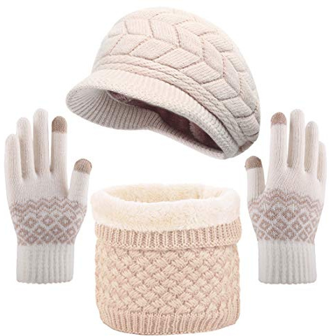 CheChruy Femme Tricoté Béret Écharpe à Boucle Gants à Écran Tactile 3 Pièces Hiver Ensemble Tricot Chapeau Chaud Cache-Cou de Doublure Polaire et Bonnet-B-Beige-Taille unique
