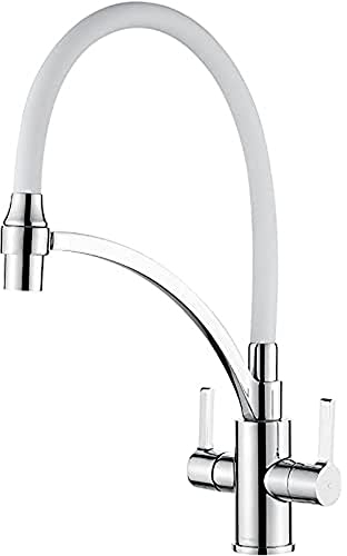 Ibergrif M22142-3 Rubinetto Lavello Cucina Bianco, Rubinetto Cucina con Doccetta Estraibile, Miscelatore Lavello con Bocca Flessibile, Miscelatore Cucina Rotazione a 360°, Maniglia Doppia
