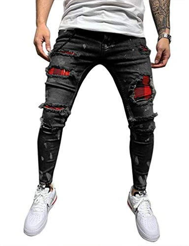 Angyu Hombre Pantalones Vaqueros Rotos Rasgados Jeans Pantalon de Mezclilla Stretch (Negro#1, M)