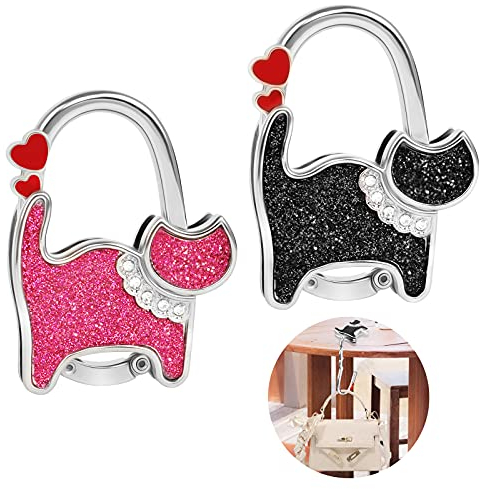LiangDian Taschenhalter für Tisch 2 Stück Katze Handtaschenhalter Haken Faltbare Taschenhaken Metall Handtaschenhalter für Tisch Handtaschen Halterung Tisch Handtasche Haken für Damen (Rosa, Schwarz)