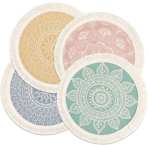 LOMOHOO Set of 4 Round Placemats 13 Inch Table Mats Boho Cotton Woven Mandala Tassels Heat Proof Washable Circle Place Mat for Kitchen Dining Wedding Farmhouse Home Decoration Colorful-4pcs