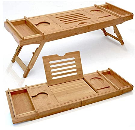 Supfine Plateau de Baignoire 2 en 1 - Pont de Baignoire en Bois Extensible avec Porte-Savon et Accessoires Confortables - Pieds de Table Pliables