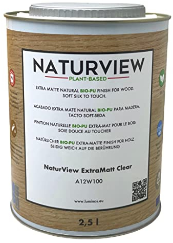 NATURVIEW A12W100 - Barniz Para Madera Poliuretano BIO al Agua. Interior. Tacto Soft-Seda (Extra-Mate, 2,5L)