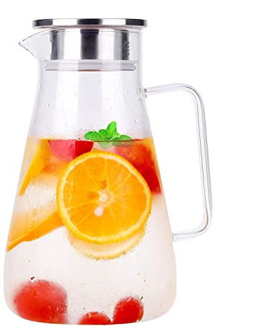 1800ml Carafe Glass, Uten Pitcher Jug Lead-Free Borosilicate Glass Kettle with Crystal Handle and Stainless Steel Lid Cover for Milk, Red Wine, Cold Water, Fruit Juice, Hot Coffee, Ice Drinks etc