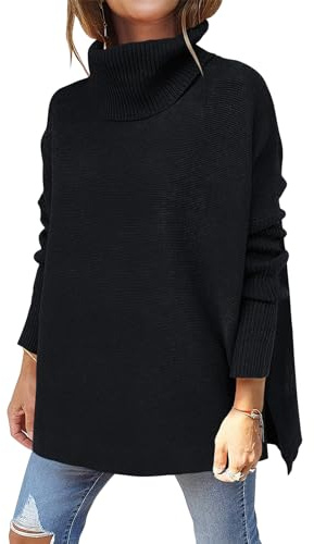 ANRABESS Women's Oversized Turtleneck Batwing Sleeve Spilt Casual Loose Knit Tunic Pullover Sweater Tops 2025 Fall Outfits Black Large