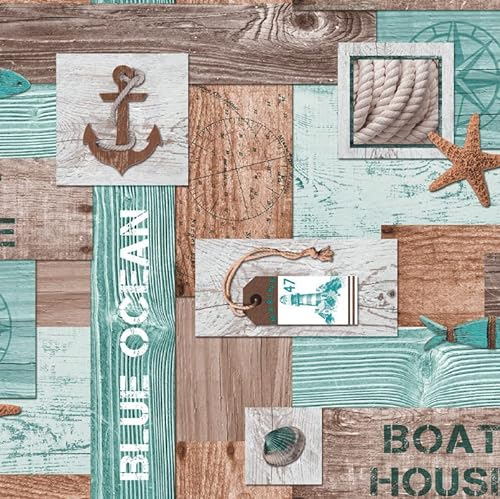 Mambo-Design PVC Tischdecke NEMO Meterware Wachstuch Eckig Breite & Länge wählbar abwaschbar türkis braun Holz Anker, Größe:90 x 90 cm