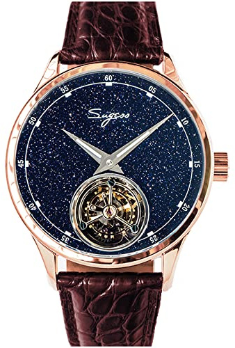 Sugess SU8230STRG Blau Gold Stein Zifferblatt Tourbillon Master Seagull ST8230 Uhrwerk Saphir Kristall Herren Business Luxus Mechanische Armbanduhr 1963, Rose Gold, 41 mm, Riemen