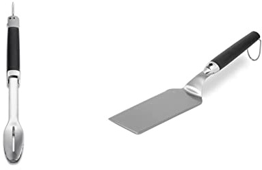 Weber 6760 Precision Grill Tongs Premium Grillzange, Schwarz/Silber & 6206 Grillwender 39 cm, für Fisch, Gemüse oder Pancakes, Edelstahl mit Silikongriff
