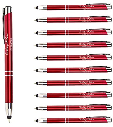 Packs 15 bolígrafos PERSONALIZADOS con texto o nombre | Color rojo y puntero para dispositivos móviles | Grabado a láser | Lote bolígrafos publicitarios y merchandising, eventos: comuniones, bodas...
