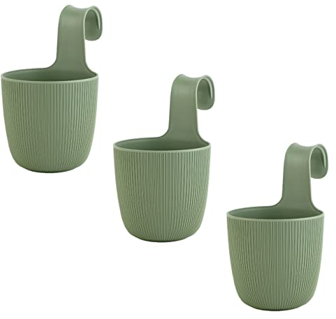 ENGELLAND 3 x Blumentopf zum Hängen, integriertes Drainagesystem, Farbe: Moos-Grün, Ø 15 cm, Pflanztopf-Kübel, Hängetopf, widerstandsfähig, rund, wetterfest, Kunststoff