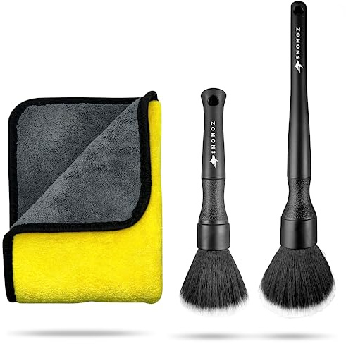 SNOMOZ® Premium 2+1 Detailing Set - Ultraweiche Reinigungspinsel fürs Auto mit saugstarkem Microfasertuch | für empfindliche Oberflächen | Professionelle Autopflege