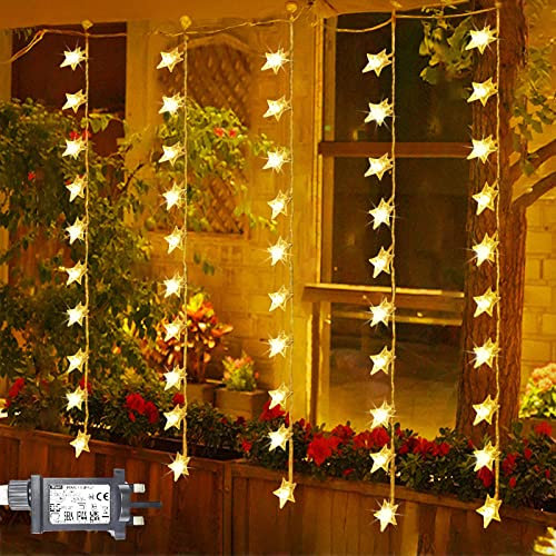 Chipark Star Curtain Lights Mains Powered 1m x 1m 50 LED Christmas Fairy Lights Plug in Outdoor String Lights Waterproof & 8 Modes for Windows Bedroom Party Indoor Outside Decorations (Warm White)