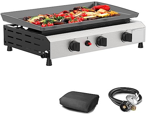 SKOK Plancha de gas de 3 quemadores de 23.3 pulgadas para exteriores, 30.000 BTU alimentada con propano, parrilla de gas portátil con parte superior plana, estación de camping para cocina, barbacoa al
