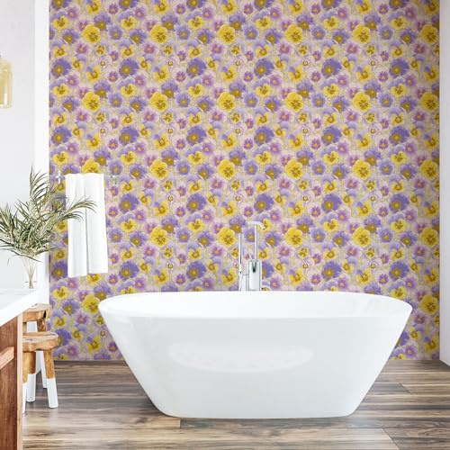 ABAKUHAUS Floral Peel & Stick Wallpaper for Home, Hand Drawn Pansy Flowers Garden Botanical Watercolor Pattern, Self-Adhesive Living Room Kitchen Accent, 33 cm x 250 cm, Lavender Lilac Yellow