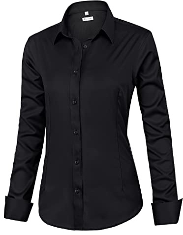 siliteelon Womens Classic-Fit Dress Shirts Long Sleeve Button Down Wrinkle-Free Stretch Solid Casual Work Office Blouse Top Black Small