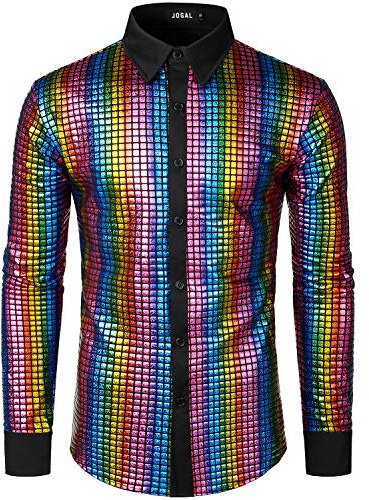 JOGAL Herren Langarm Pailletten Kleid Glitzer Hemd 70er Disco Party Kustüm Multicolour Mittel