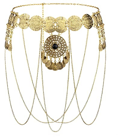 MEGAUK Damen Retro Kettengürtel Münzgürtel Fransen Bauchtanz Gürtel Metall Taillengürtel Hüftgurt
