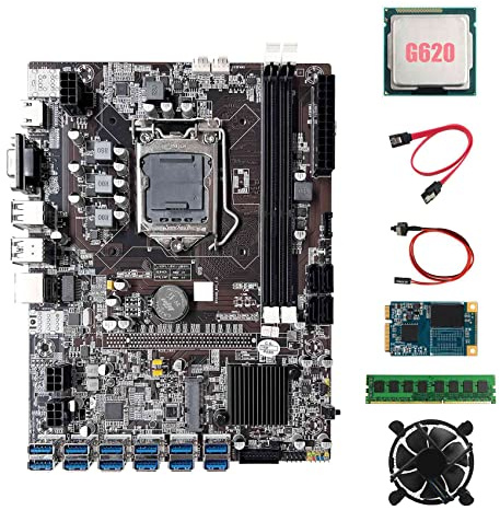 Lodokdre B75 ETH Carte mère minière 12XPCIE vers USB+G620 CPU+DDR3 4 Go RAM + 64 G SSD + ventilateur + câble + câble Switch LGA1155 Carte mère