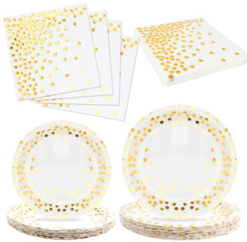 60Pezzi Stoviglie Festa Bianche e Dorate Stoviglie Carta Set, Stoviglie per Feste di Compleanno Include Piatti Tovaglioli, Piatti di Carta Monouso Set Stoviglie Compleannoper Compleanno Matrimonio