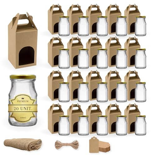 Espirito Rebelde 20 Pots de Conservation en Verre 100 ml avec Courvecle + Boîtes + Étiquettes Kraft + Tissu + Ficelle | Bocaux Alimentaire, Bocaux Sauce Tomate, Bocaux à Confiture, Bocaux pour Miel