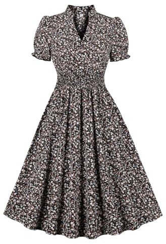 Wellwits Women's Collared V Neck Shirred Ditsy Floral Vintage Dress