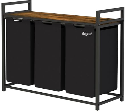 Zelsius Wäschesammler 3 Fächer | Schwarz, 92,5 x 33 x 72 cm | Wäschekorb mit Ablage, Schmutzwäschebehälter mit Wäschebeutel | Wäschesortierer, Wäschebox, Wäschesack | Wäschesystem, Waschkorb