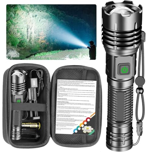 NAKCNM Camping Torch with Carrying Case, LED Torches Battery Powered, High Power Flashlight Rechargeable, 20000 Lumen 5 Modes Waterproof Adjustable Focus for Hiking Night Walking