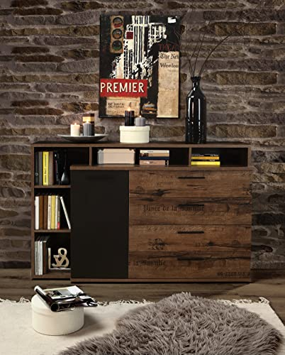 Forte JACKY Sideboard mit 4 Schubladen und 1 Tür, Holzwerkstoff, Script-Schlameiche/Schwarz Eiche, B x H x T: 153,1 x 98,5 x 41,3 cm