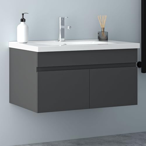 Biubiubath Badezimmer Badmöbel 80cm Keramik Waschtisch mit Unterschrank Hängeschrank Dunkelgrau Matt Badezimmerschränke Badschrank mit 2 Soft-Close Türen