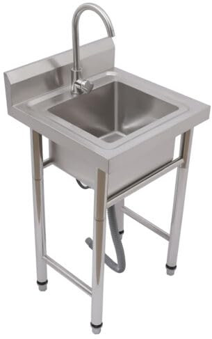 Freies stehendes Waschbecken im Freien, 50X50X90cm Gebrauchs-Edelstahl-Küche-einzelne Schüssel-Waschen-Handbecken-Station-Waschbecken-Spüle mit Abflussbrett und Wasserhahn, für Restaurant