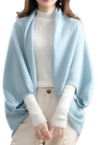 EEJBYTDI Faux Cashmere Warm Dual Purpose Shawl,Women's Winter Faux Wool Soft Lightweight Wraps with Sleeves (One Size,Light Blue)