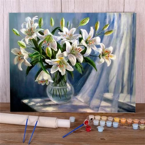 Malen Nach Zahlen Erwachsene Weiße Lilie Paint by Numbers DIY mit Pinseln und Acrylfarben Malen Nach Zahlen,Blume Handgemalt Ölgemälde Leinwand Kunst-Handwerk für Home Decor,ohne Rahmen 60x75cm