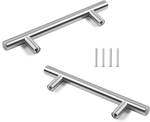 CHSEROK Tiradores de Cocina, 2 Piezas de Acero Inoxidable Tiradores Puertas, Forma de T Tirador Armario, Distancia Entre Orificios de 128 mm, Plata Cepillada, con Tornillos, para Armarios, Cajones