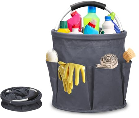 Cesta para la conservación de los productos de limpieza, cesta porta herramientas con 6 bolsillos exteriores, cesta portaobjetos de limpieza plegable de tela Oxford, impermeable, para casa (Gris)