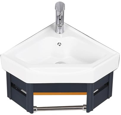 Eckwaschbecken mit Standfuß, Wandwaschbecken, Keramikwaschbecken, Eckwaschbecken-Kombination für Badezimmer mit Waschtisch für kleine Räume, an der Wand montierter schwebender Schrank (Farbe
