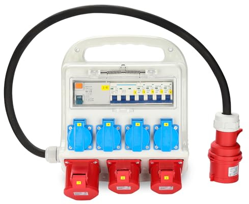 Peviasot Wandverteiler mit FI-Schutzschalter, Stromverteiler 2 x CEE 400V/16A+4 x 230V Schuko IP44 5 polig Baustromverteiler, schwere Gummischlauchleitung Stromzufuhr, Sicherheitsklappdeckeln