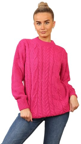 MyShoeStore Ladies Knitted Cable Knit Jumpers Womens Crew Neck Casual Lightweight Fisherman Baggy Oversize Chunky Vintage Long Sleeve Pullover Warm Winter Sweaters Tops (Fuchsia, M/L)