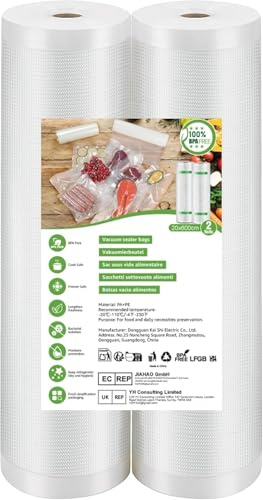 Vacuum Sealer Rolls 2 Rolls Vacuum Sealer Bags for Food, Vacuum Preservation, Freezing and Sous Vide Cooking, BPA Free Dot Texture Extends Freshness (20x600cm)