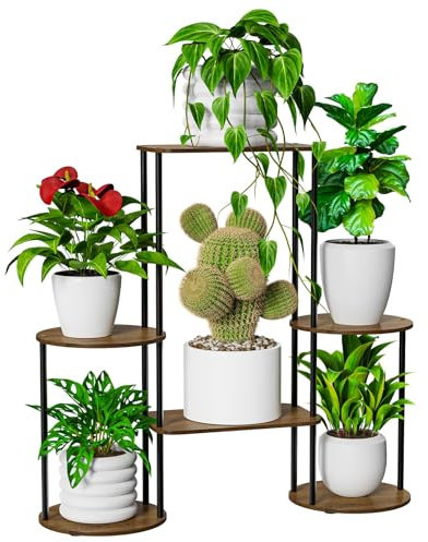 6-Tier Pflanzenregal Hölzern Metall Blumenregal, Mehrstöckig Pflanzenständer Innen Außen Blumentreppe für Mehrere Pflanzen Blumenständer für Garten Patio Balkon Deko Wohnzimmer Büro, Schwarz, Runden