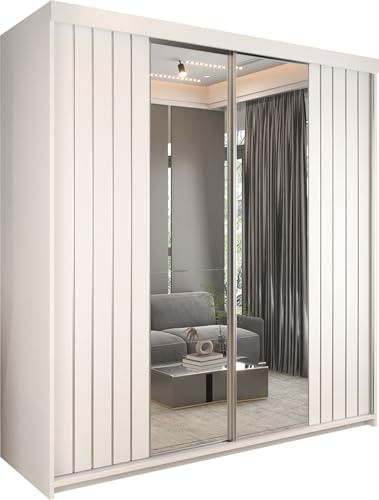 MN Furniture Downtown Mirror Sliding Wardrobe With Shelves, Drawers and Hanging Rails (White, 200 cm)