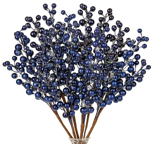 Oairse 6 piezas de bayas de Navidad de 35 cm con purpurina, púas de bayas artificiales, púas de frutas artificiales, ramas de bayas azules para decoraciones de árbol de Navidad, arreglo floral