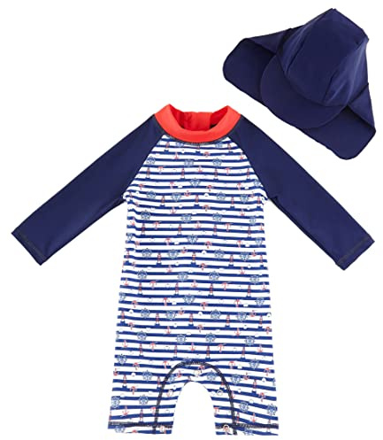 UMELOK Conjunto de Natación Bebé con Protección Solar Máxima UPF50+ - Diseño con Capucha, Mangas Largas y Material Transpirable 62/68 Rayas Azules