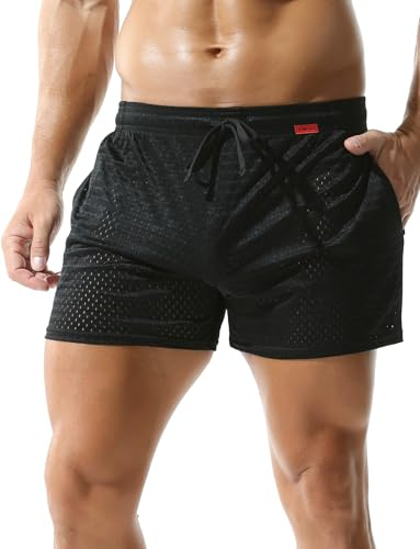 AIEOE Herren Fishnetz Sportshorts Atmungsaktiv Kurz Netzhose Schnürung Mesh Shorts für Fitness Gym M